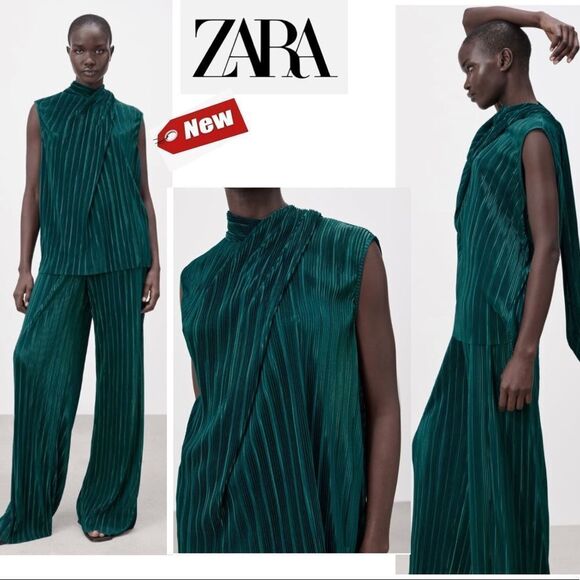 ZARA pleated sleeveless high collar blouse green Sz L NWT - Picture 9 of 9